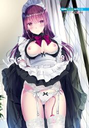 Rule 34 | 1girl, apron, black dress, blush, bow, bow panties, bowtie, bra, bra pull, breasts, breasts out, closed mouth, clothes lift, clothes pull, dress, dress lift, egg vibrator, frilled apron, frills, garter belt, garter straps, gloves, highres, kobayashi chisato, lifting own clothes, long hair, looking at viewer, maid, maid apron, maid headdress, nipples, object insertion, original, panties, puffy short sleeves, puffy sleeves, purple eyes, purple hair, pussy juice, red bow, red bowtie, remote control vibrator, sex toy, short sleeves, solo, sweat, thighhighs, underwear, vaginal, vaginal object insertion, vibrator, vibrator cord, vibrator in thighhighs, vibrator under clothes, vibrator under panties, waist apron, wet, wet clothes, wet panties, white apron, white bra, white gloves, white panties, white thighhighs