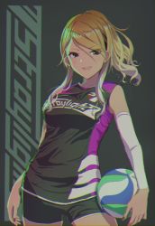 Rule 34 | 1girl, bad id, bad pixiv id, ball, black background, black nails, blonde hair, brown hair, chromatic aberration, cowboy shot, elbow sleeve, gradient hair, group name, gyaru, highres, holding, holding ball, idolmaster, idolmaster shiny colors, izumi mei, jersey, leuko, logo, long hair, looking at viewer, multicolored hair, nail polish, ponytail, shorts, simple background, sleeveless, smile, solo, sportswear, tan, uniform, volleyball (object), volleyball uniform