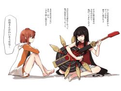Rule 34 | 2girls, alternate costume, barefoot, black hair, closed eyes, clothes writing, commentary request, crossed ankles, crossed arms, electric guitar, fate/grand order, fate (series), fujimaru ritsuka (female), guitar, hands on own knees, hood, instrument, long hair, long sleeves, looking at another, medium hair, multiple girls, music, nemugiko, oda nobunaga (fate), oda nobunaga (koha-ace), oda nobunaga (swimsuit berserker) (fate), oda nobunaga (swimsuit berserker) (first ascension) (fate), open mouth, orange hair, playing instrument, shadow, shirt, side ponytail, singing, sitting, sleeveless, sleeveless shirt, thought bubble, translation request, very long hair, white background