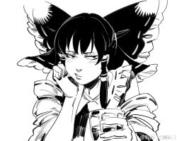 Rule 34 | 1girl, alcohol, ascot, beer, bow, cup, detached sleeves, drinking glass, expressionless, greyscale, hair bow, hair tubes, hakurei reimu, looking at viewer, monochrome, parted lips, ribbon-trimmed collar, ribbon-trimmed headwear, ribbon-trimmed sleeves, ribbon trim, ruukii drift, shirt, short hair, sideways glance, simple background, sketch, sleeveless, sleeveless shirt, solo, tipsy, touhou, upper body, watermark, white background