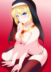 Rule 34 | 1girl, arms between legs, black panties, black thighhighs, blonde hair, blue eyes, blush, breasts, byelen, closed mouth, collarbone, commentary request, gem, goeniko, gradient background, habit, highres, jewelry, legs, long hair, looking at viewer, m.u.g.e.n, medium breasts, necklace, nipples, nun, panties, red background, red gemstone, shadow, sitting, solo, spread legs, the king of fighters, thighhighs, thighs, topless, underwear, wariza, wavy mouth