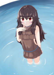Rule 34 | 1girl, alternate costume, arm at side, arm up, black hair, brown one-piece swimsuit, chirun0, commentary, cowboy shot, cropped legs, english commentary, fire emblem, fire emblem fates, fire emblem heroes, fisheye, foreshortening, from above, frown, hair between eyes, hand on own chest, highres, long hair, looking at viewer, looking up, nintendo, nyx (fire emblem), one-piece swimsuit, red eyes, ripples, solo, swimsuit, thick eyebrows, veil, very long hair, wading, water, wet, wet hair