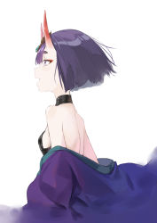 Rule 34 | 1girl, bare shoulders, bob cut, breasts, coffeekite, eyeliner, fate/grand order, fate (series), headpiece, highres, horns, japanese clothes, kimono, long sleeves, makeup, off shoulder, oni, open mouth, profile, purple eyes, purple hair, purple kimono, revealing clothes, short hair, shuten douji (fate), skin-covered horns, small breasts, smile, white background, wide sleeves