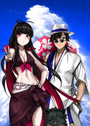 Rule 34 | 1boy, 1girl, :o, absurdres, bikini, black hair, blush, breasts, cleavage, cloud, collarbone, commentary request, day, fate/grand order, fate (series), hair ribbon, hand in pocket, hand on own hip, hat, highres, innertube, long hair, looking at viewer, oryou (fate), pale skin, pink eyes, pink hair, ribbon, sakamoto ryouma (fate), sarong, shirt, slit pupils, swim ring, swimsuit, v, very long hair, watch, white hat, white shirt, wristwatch, yotaro