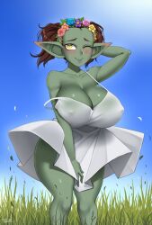 Rule 34 | 1girl, blush, breasts, brown hair, cleavage, colored skin, covered erect nipples, dress, ear blush, fangs, female goblin, freckles, goblin, green skin, head wreath, highres, huge breasts, original, pointy ears, see-through, see-through dress, shortstack, sundress, twintails, twrlare, wind, wind lift, yellow eyes