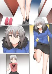 Rule 34 | 1boy, 1girl, ahoge, breasts, collarbone, comic, commentary request, crossdressing, dishwashing soap, door, dress, expressionless, closed eyes, fate/grand order, fate (series), frown, fur collar, ginhaha, grey hair, jacket, jeanne d&#039;arc (fate), jeanne d&#039;arc alter (avenger) (fate), jeanne d&#039;arc alter (fate), large breasts, miniskirt, shoes, unworn shoes, short hair, skirt, slippers, trap, wooden floor, yellow eyes