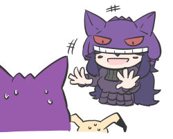Rule 34 | +++, 1girl, blush stickers, character pillow, chibi, covered eyes, creatures (company), dress, facing away, game freak, gen 1 pokemon, gen 7 pokemon, gengar, gengar pillow, hex maniac (pokemon), john (a2556349), laughing, long hair, long sleeves, looking at another, mimikyu, nervous sweating, nintendo, object on head, open mouth, outstretched arms, pokemon, pokemon (creature), simple background, smile, spread fingers, sweat, upper body, white background