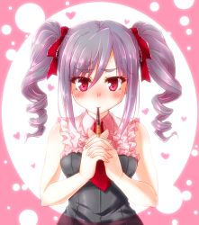 Rule 34 | 10s, 1girl, blush, drill hair, food, idolmaster, idolmaster cinderella girls, incoming kiss, iseno yajin, kanzaki ranko, long hair, mouth hold, pocky, pocky day, pocky kiss, pov, red eyes, shared food, silver hair, solo, twin drills, twintails
