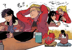 Rule 34 | 2boys, ?, black eyes, black hair, black shirt, blonde hair, bomber jacket, bowl, brown jacket, chopsticks, commentary request, cup, eating, food, high ponytail, highres, holding, holding chopsticks, inudori, itou kaiji, jacket, kaiji, kitami (kaiji), long hair, long sleeves, looking at another, male focus, medium bangs, multiple boys, multiple views, noodles, open mouth, ramen, red jacket, shirt, simple background, translation request, tying hair, upper body, water, white background