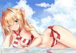 Rule 34 | 1girl, ;), ahoge, bikini, blonde hair, blue sky, blush, breasts, cloud, day, fate/grand order, fate (series), green eyes, hair intakes, halterneck, long hair, looking at viewer, medium breasts, nero claudius (fate), nero claudius (fate) (all), nero claudius (swimsuit caster) (fate), one eye closed, partially submerged, rong yi tan, side-tie bikini bottom, sky, smile, solo, striped bikini, striped clothes, swimsuit, twintails