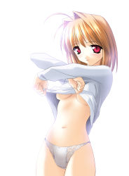 Rule 34 | 00s, 1girl, arcueid brunestud, arms up, blonde hair, blush, breasts, clothes lift, female focus, highres, lingerie, looking at viewer, medium breasts, navel, no bra, norizou type-r, panties, red eyes, shirt lift, simple background, solo, tsukihime, underboob, underwear, undressing, white background, white panties