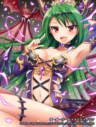 Rule 34 | 1girl, bad id, bad pixiv id, breasts, cleavage, copyright name, demon tail, detached sleeves, fang, green hair, henshin shoujo metamor maiden, horns, large breasts, long hair, mauve, original, pointy ears, red eyes, solo, tail, wings