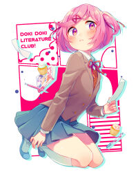 Rule 34 | 1girl, blue skirt, brown jacket, brown sweater, closed mouth, collared shirt, copyright name, cupcake, doki doki literature club, food, frown, full body, hair ribbon, highres, holding, holding paper, jacket, kneeling, long sleeves, manga (object), mary janes, natsuki (doki doki literature club), paper, pen, pink eyes, pink hair, red ribbon, ribbon, shifumame, shirt, shoes, skirt, socks, solo, sweater, two side up, white shirt, white socks