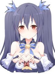 Rule 34 | 1girl, absurdres, bare shoulders, bimmy, black hair, breasts, cleavage, collar, dress, gloves, hair between eyes, highres, long hair, medium breasts, neptune (series), noire (neptunia), red eyes, ribbon, simple background, smile, tsundere, twintails, upper body, very long hair, white background