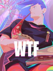 Rule 34 | 1boy, badge, blue eyes, blue hair, building, casual, chromatic aberration, eating, explosion, fire, food, galo thymos, green fire, highres, jonya, male focus, pizza, pizza box, pizza slice, promare, purple fire, shirt, skyscraper, solo, spiked hair, t-shirt, what