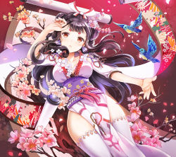 Rule 34 | 1girl, bird, black hair, blush, breasts, collarbone, hair ribbon, huaniao juan, large breasts, looking at viewer, onmyoji, open mouth, red eyes, ribbon, scroll, sibyl, smile, solo, thighhighs, white ribbon, white thighhighs