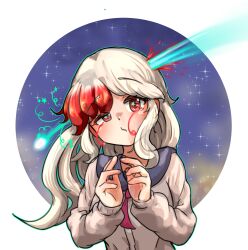 Rule 34 | 1girl, blood, blood splatter, closed mouth, highres, long hair, looking to the side, multicolored hair, original, red eyes, rotana (namgoongdg1000), sailor collar, school uniform, shooting star, simple background, solo, space, sparkle, standing, star (symbol), star in eye, symbol in eye, two-tone hair, white background, white hair