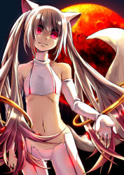 Rule 34 | 10s, 1boy, androgynous, animal ears, bare shoulders, breasts, crop top, detached sleeves, fingerless gloves, full moon, gloves, kaida michi, kyubey, long hair, looking at viewer, mahou shoujo madoka magica, mahou shoujo madoka magica (anime), male focus, midriff, moon, navel, outstretched hand, personification, pink eyes, red moon, small breasts, smile, solo, tail, very long hair, white hair