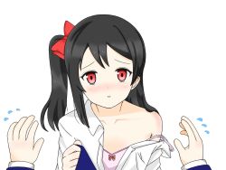 Rule 34 | 10s, 1girl, 1other, alternate hairstyle, black hair, blush, bow, flat chest, flying sweatdrops, hair bow, head tilt, heart, long hair, looking at viewer, love live!, love live! school idol project, off shoulder, parted lips, red eyes, side ponytail, silver (252aries), simple background, single bare shoulder, solo focus, strap slip, upper body, white background, yazawa nico