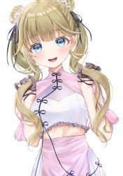 Rule 34 | 1girl, :d, absurdres, black ribbon, blue eyes, blush, double bun, fishnet gloves, fishnets, flat chest, gloves, hair bun, hair ribbon, hanabusa lisa, highres, light brown hair, long hair, looking at viewer, nemui 85, open mouth, ribbon, simple background, smile, solo, standing, twintails, virtual youtuber, vspo!, white background