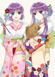 Rule 34 | 2019, 2girls, alternate costume, alternate hairstyle, animal, arrow (projectile), bell, blue eyes, blush, bob cut, botan (clannad), bow, cherry blossom print, clannad, closed mouth, commentary request, dated commentary, feet out of frame, floral print, flower, fujibayashi kyou, fujibayashi ryou, fur-trimmed kimono, fur trim, grey background, hair between eyes, hair bow, hair bun, hair flower, hair intakes, hair ornament, happy new year, holding, holding animal, holding arrow, japanese clothes, jingle bell, kanzashi, kimono, long hair, long sleeves, looking at viewer, mitsuyo (mituyo324), multiple girls, new year, open mouth, pink kimono, purple eyes, purple hair, red flower, short hair, siblings, side-by-side, sidelocks, simple background, single hair bun, sisters, smile, standing, twins, white bow, wide sleeves, yellow kimono, yukata