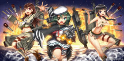 Rule 34 | 10s, 3girls, aqua eyes, bare shoulders, black hair, blunt bangs, braid, brown hair, cape, collarbone, covering privates, covering breasts, explosion, eyepatch, gia, green hair, highres, kantai collection, kiso (kancolle), kitakami (kancolle), leg up, long hair, machinery, midriff, multiple girls, navel, ooi (kancolle), open mouth, outstretched hand, purple eyes, red eyes, school uniform, serafuku, sidelocks, single braid, skirt, socks, sword, thigh strap, torn clothes, torpedo, weapon