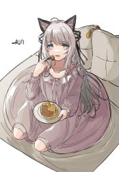 Rule 34 | 1girl, ahoge, animal ear fluff, animal ears, arknights, blue eyes, commentary request, dress, food, fork, frilled dress, frills, grey dress, grey hair, hand up, harukan tiusu, highres, holding, holding fork, holding plate, long hair, long sleeves, looking at viewer, mint (arknights), open mouth, pancake, pillow, plate, puffy long sleeves, puffy sleeves, simple background, sleeves past wrists, solo, very long hair, white background