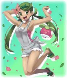 Rule 34 | 1girl, absurdres, armpits, arms up, bare arms, bare legs, bare shoulders, blue bow, blush, bounsweet, bow, breasts, creatures (company), dark-skinned female, dark skin, flower, full body, game freak, gen 7 pokemon, green eyes, green footwear, green hair, hair flower, hair ornament, highres, jumping, leaf, long hair, looking at viewer, mallow (pokemon), matching hair/eyes, medium breasts, nintendo, npc trainer, open mouth, overalls, petals, pokemon, pokemon (creature), pokemon sm, sakura chiyo (konachi000), shoes, sideboob, smile, solo focus, trial captain, twintails