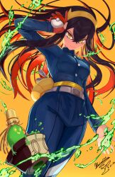 Rule 34 | 1girl, belt, belt buckle, black hair, blue jacket, blue pants, breasts, buckle, carmine (pokemon), closed mouth, commentary request, creatures (company), fanny pack, floating hair, game freak, gloves, hair between eyes, hairband, hand up, highres, holding, holding poke ball, jacket, long hair, looking down, mochachiiino, nintendo, pants, partially fingerless gloves, poke ball, poke ball (basic), pokemon, pokemon sv, red gloves, single glove, sinistcha, smile, yellow background, yellow bag, yellow eyes, yellow hairband, zipper pull tab