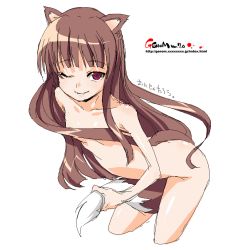 Rule 34 | 00s, 1girl, animal ears, bent over, between legs, brown hair, holo, long hair, nude, oekaki, one eye closed, onija tarou, red eyes, simple background, solo, spice and wolf, tail, tail between legs, white background, wink, wolf ears, wolf tail