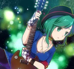 Rule 34 | 1girl, alternate costume, black hat, black pantyhose, casual, chain, chain necklace, colored eyelashes, electric guitar, gem, green background, green eyes, green hair, guitar, hat, instrument, inuinui, jewelry, matching hair/eyes, necklace, pantyhose, red gemstone, shiki eiki, solo, swept bangs, touhou, wristband