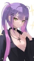 Rule 34 | 1girl, absurdres, bad id, bad twitter id, black choker, black jacket, black shirt, blazer, breasts, choker, cleavage, collarbone, collared shirt, cross, cross necklace, ear piercing, green eyes, hair behind ear, highres, hololive, jacket, jewelry, looking at viewer, necklace, o-ring, o-ring choker, piercing, portrait, purple hair, shirt, small breasts, smile, solo, sparkle, thomas 8000, tokoyami towa, twintails, virtual youtuber