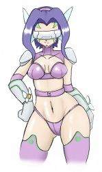 Rule 34 | arms behind back, belt, bikini, bra, breasts, butterfly wings gauntlets, cleavage, curvy, digimon, digimon frontier, facial mark, fairimon, fairy, fairy wings, gauntlets, hair ornament, hand on own hip, highleg, highleg panties, highres, medium breasts, navel, panties, purple bra, purple hair, purple panties, revealing clothes, short hair, shoulder pads, swimsuit, thighhighs, thong, underwear, visor (armor), wide hips, wings