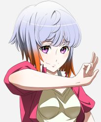 Rule 34 | 10s, 1girl, aquarion (series), aquarion logos, blush, breasts, grey hair, highres, multicolored hair, purple eyes, short hair, simple background, smile, solo, tsukigane maia, v