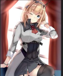 Rule 34 | 1girl, ascot, blonde hair, blue eyes, breasts, commentary request, curtains, dress, flower, garter straps, grey dress, grey skirt, grey thighhighs, headgear, himura moritaka, kantai collection, long sleeves, looking at viewer, medium breasts, military uniform, one eye closed, panties, red ascot, red flower, red rose, rodney (kancolle), rose, short hair, skirt, smile, solo, thighhighs, underwear, uniform, white panties, window