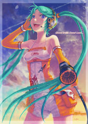Rule 34 | 1girl, alternate costume, aqua hair, breasts, commentary request, elbow gloves, gas pump nozzle, gloves, hatsune miku, headset, long hair, purple eyes, race queen, shorts, small breasts, smile, solo, spaghetti strap, tama (tama sphere), twintails, very long hair, vocaloid, yellow gloves