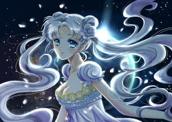 Rule 34 | 1girl, backlighting, bishoujo senshi sailor moon, blue eyes, crescent, crescent facial mark, double bun, earth (planet), facial mark, floating hair, flower, forehead mark, hair bun, hair flower, hair ornament, hairclip, lalazyt, long hair, parted bangs, parted lips, petals, planet, princess serenity, rose, solo, tears, tsukino usagi, twintails, white flower, white hair, white rose