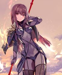Rule 34 | 1girl, armor, bodysuit, cape, covered navel, cowboy shot, dutch angle, eyebrows, fate/grand order, fate (series), gae bolg (fate), gloves, highres, holding, holding weapon, long hair, looking at viewer, nove (legge), pauldrons, polearm, purple bodysuit, purple hair, red eyes, scathach (fate), shoulder armor, solo, spear, weapon