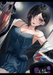 Rule 34 | 1girl, :d, absurdres, bag, black hair, black jacket, blue shirt, bottle, breasts, cleavage, dutch angle, ear piercing, fang, glasses, hair behind ear, hair ornament, hair over one eye, hairclip, highres, holding, holding bag, jacket, letterboxed, medium breasts, medium hair, mole, mole on breast, mole under eye, off shoulder, open clothes, open jacket, open mouth, original, piercing, red eyes, shirt, skin fang, smile, solo, spaghetti strap, strap slip, yufou