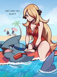 Rule 34 | 1girl, 2boys, absurdres, beach, blonde hair, blue eyes, breasts, cleavage, creatures (company), cynthia (pokemon), day, game freak, garchomp, gen 4 pokemon, gible, highres, large breasts, lifeguard, long hair, looking at another, looking at viewer, medium breasts, multiple boys, n (pokemon), nintendo, one-piece swimsuit, pokemon, pokemon (creature), pokemon bw, pokemon dppt, pokemon oras, red one-piece swimsuit, shiny skin, steven stone, surfboard, swimsuit, touyarokii, twitter username, water, whistle, wide hips