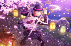 Rule 34 | 1boy, animal print, beckoning, black footwear, black hat, black jacket, black nails, black pants, black skirt, blonde hair, blue eyes, bowler hat, butterfly print, cherry blossoms, crossed bangs, dragon print, earrings, falling petals, floral print, foot out of frame, from behind, game cg, glint, grass, hair behind ear, hands up, hat, highres, holding, holding sword, holding weapon, index finger raised, jacket, jewelry, kurusu shou, lantern, legs apart, light particles, lily pad, looking at viewer, looking back, male focus, moon, moon reflection, multicolored clothes, multicolored jacket, nail polish, night, official art, open clothes, open jacket, pants, pants under skirt, petals, petals on liquid, pleated skirt, pond, reflection, rock, shirt, shoes, short hair, short sword, single earring, skirt, smile, solo, standing, stone walkway, sword, tassel, tassel earrings, third-party source, two-tone jacket, uta no prince-sama, uta no prince-sama: shining live, weapon, white shirt, zipper