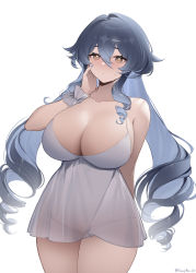 1girl absurdres alternate_breast_size alternate_costume arm_behind_back bare_shoulders blue_hair breasts bright_pupils brown_eyes camisole cleavage closed_mouth cowboy_shot dress drill_hair genshin_impact hair_between_eyes halter_dress halterneck hand_on_own_face highres large_breasts layla_(genshin_impact) looking_at_viewer nail_polish panties ringlets scrunchie see-through_clothes see-through_camisole shibuya_(kurokamishain) sidelocks simple_background solo string_panties sweat thighs twin_drills twitter_username underwear white_background white_camisole white_pupils white_scrunchie wrist_scrunchie