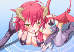 Rule 34 | 10s, 1girl, blush, breasts, cleavage, covered erect nipples, demon girl, demon tail, demon wings, fang, gloves, horns, kyonyuu fantasy, large breasts, magic circle, mole, naughty face, red hair, shamsiel shahar, solo, tail, thighhighs, tongue, wings, yuto (dialique)