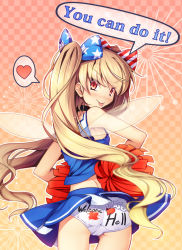 Rule 34 | 1girl, :p, alternate costume, alternate hairstyle, ass, back-print panties, bare arms, bare shoulders, black choker, blonde hair, blue bow, blue shirt, blue skirt, blush, bow, checkered background, cheerleader, chima q, choker, clothes writing, clownpiece, commentary request, cowboy shot, english text, fairy wings, from behind, gradient background, hair bow, heart, highres, long hair, looking at viewer, looking back, miniskirt, nose blush, orange background, panties, pom pom (cheerleading), print panties, red bow, red eyes, shirt, skirt, sleeveless, solo, speech bubble, spoken heart, standing, star (symbol), star print, striped, striped bow, tongue, tongue out, touhou, transparent wings, twintails, underwear, very long hair, white panties, wings