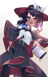 Rule 34 | 1girl, absurdres, beige background, between breasts, black hair, black skirt, blouse, bow, breasts, capelet, collared shirt, cowboy shot, fedora, gradient background, hair between eyes, hand on own hip, hat, hat bow, highres, holding, holding phone, muraryo, necktie, necktie between breasts, open mouth, phone, shirt, skirt, smile, solo, touhou, usami renko, v-shaped eyebrows, white bow, white shirt