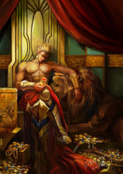 Rule 34 | 1boy, alcohol, animal, armor, blonde hair, chalice, crown207, cup, earrings, fate/zero, fate (series), gilgamesh (fate), gold, jewelry, lion, male focus, manly, red eyes, signature, solo, throne, topless male, treasure, vambraces, wine