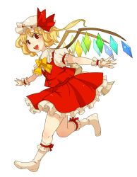 Rule 34 | 1girl, back bow, blonde hair, bow, collared shirt, flandre scarlet, frilled skirt, frills, from side, full body, happy, hat, ikarimame, lace-trimmed shirt collar, large bow, mob cap, one side up, open mouth, puffy short sleeves, puffy sleeves, red eyes, red ribbon, red skirt, red vest, ribbon, shirt, short sleeves, simple background, skirt, skirt set, sleeve ribbon, solo, touhou, vest, white background, white bow, white hat, white shirt, wrist cuffs, yellow bow