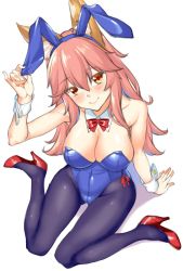 Rule 34 | 1girl, animal ears, arm support, black pantyhose, blue leotard, bow, bowtie, breasts, detached collar, fake animal ears, fate/grand order, fate (series), fox ears, fox tail, full body, high heels, large breasts, leotard, looking at viewer, orange eyes, pantyhose, pink hair, playboy bunny, rabbit ears, rabbit tail, red bow, red bowtie, shirokuma a, simple background, solo, strapless, strapless leotard, tail, tamamo (fate), tamamo no mae (fate/extra), white background, wrist cuffs