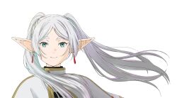 Rule 34 | 1girl, blue eyes, capelet, closed mouth, earrings, elf, floating hair, frieren, highres, jewelry, long hair, looking at viewer, nagasawa reiko (animator), pointy ears, simple background, smile, solo, sousou no frieren, thick eyebrows, twintails, upper body, white background, white capelet, white hair