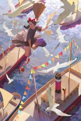 Rule 34 | 1girl, absurdres, artist name, awanqi, bare legs, bird, black dress, boat, bow, broom, broom riding, dress, flying, hair bow, highres, jiji (majo no takkyuubin), kiki (majo no takkyuubin), majo no takkyuubin, parted lips, red bow, short sleeves, solo, water, watercraft, white bird, wind